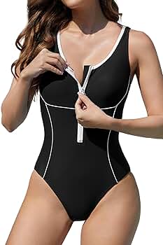 【Chaisystyle】 back open　swimsuit black Women's Live In Color High Neck Zip Front One Piece Swimsuit